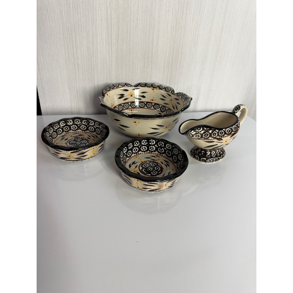 Temp-tations Old World Black Ceramic Serving Set Bowls and Gravy Boat 4 Piece